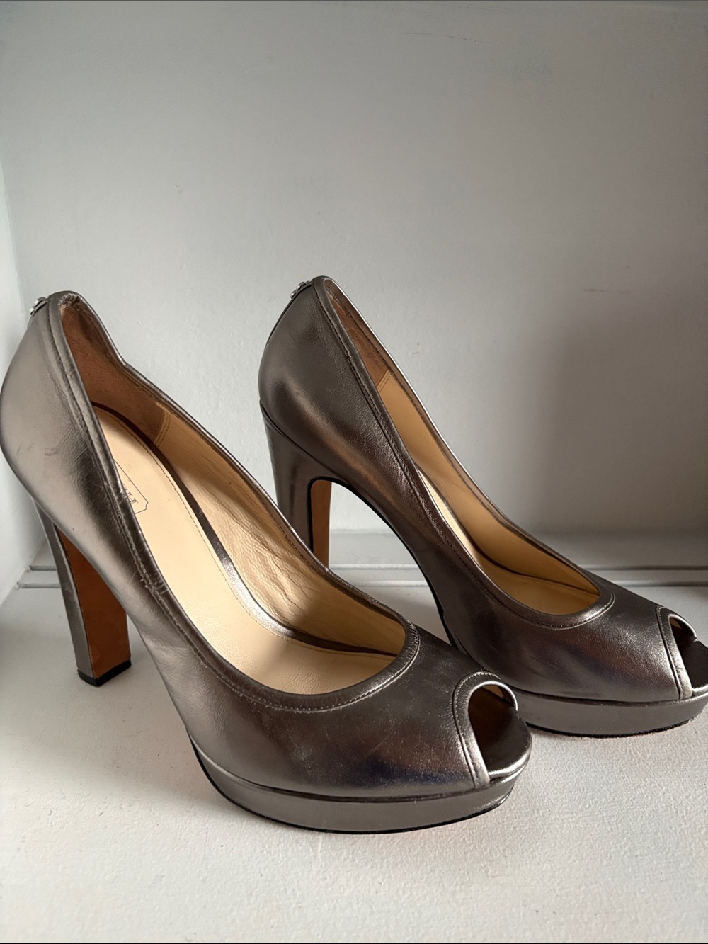 Coach Metallic Pewter Peep-Toe High Heel Pumps